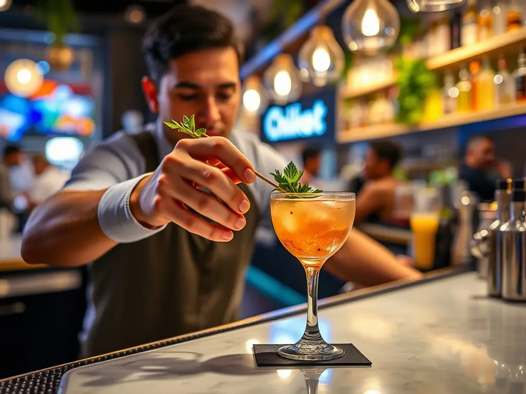 A bartender crafting a signature cocktail at ChillNest.
