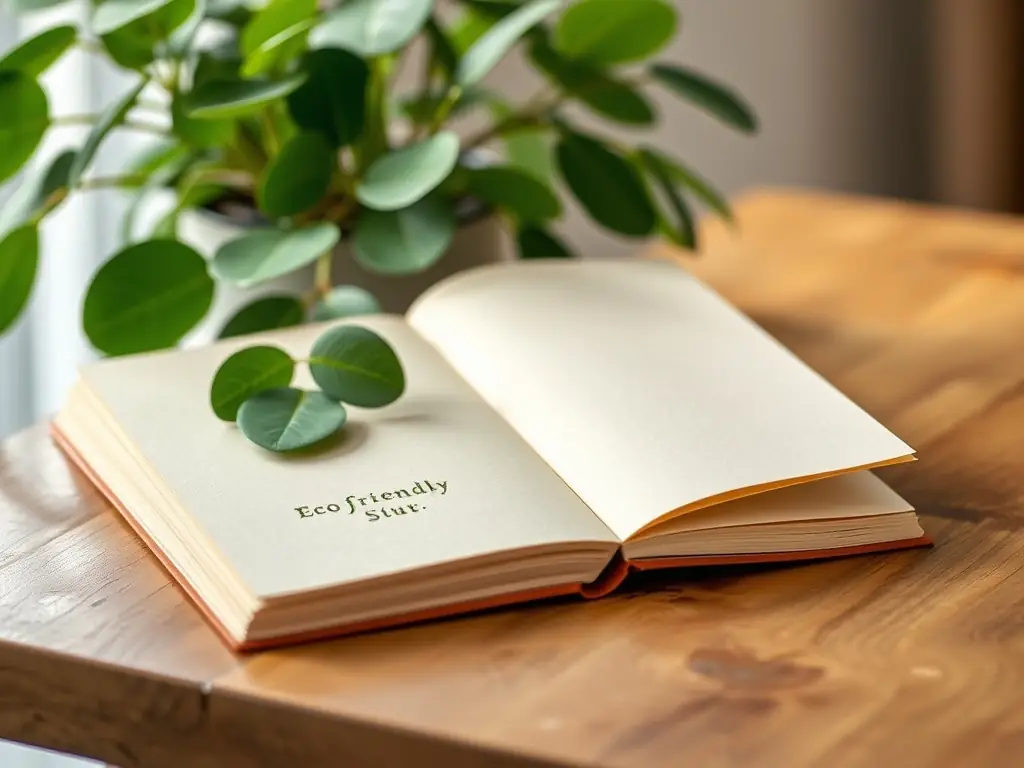 An open eco-friendly notepad on a wooden table with a plant in the background.