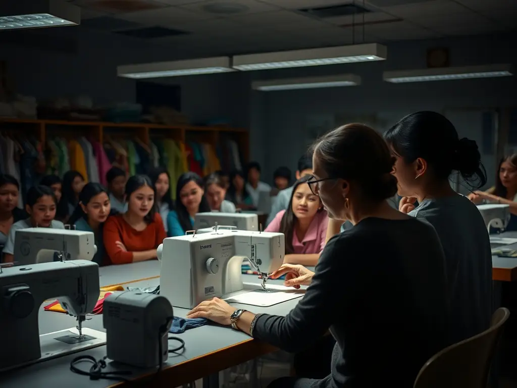 An instructor demonstrating sewing techniques to a group of eager students in a fashion classroom.