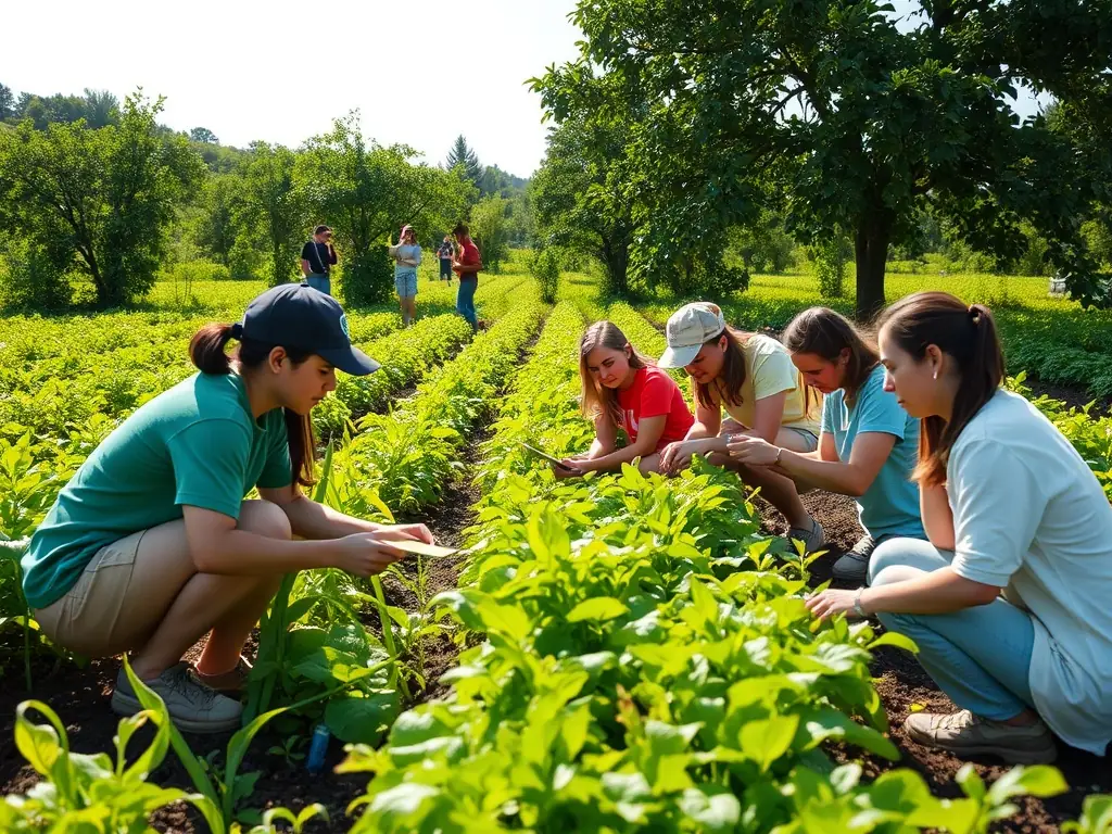 Students participating in a sustainable farming workshop in a lush green field.
