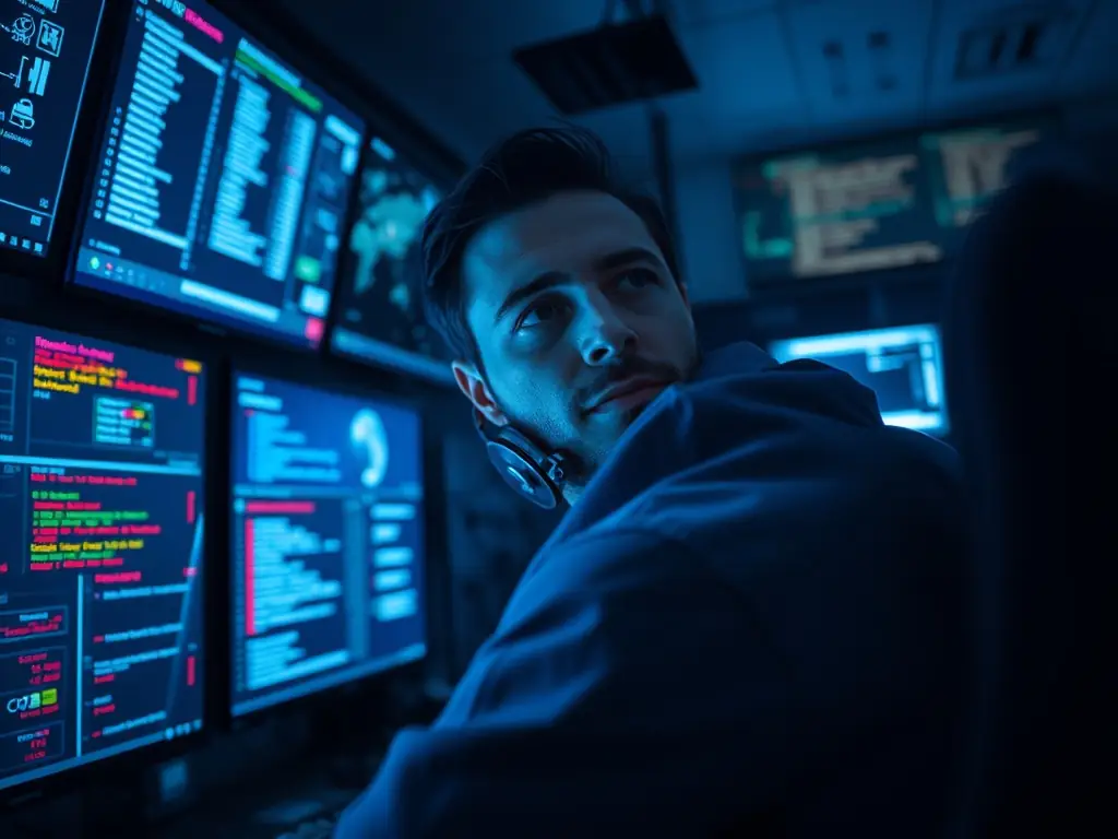 A cybersecurity expert monitoring network security in a control room.