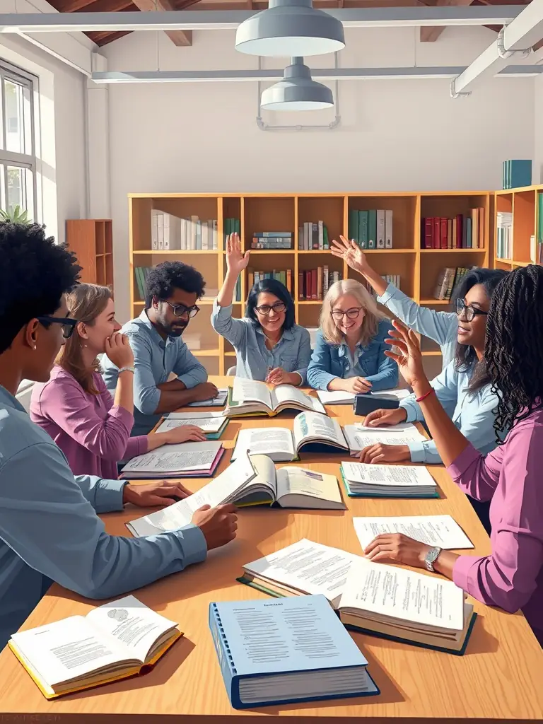 A group of diverse individuals engaged in a lively literary discussion around a table.