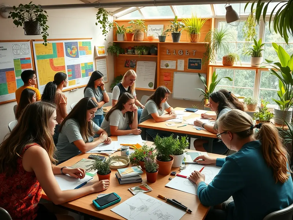 Participants engaged in a permaculture design workshop in a classroom.
