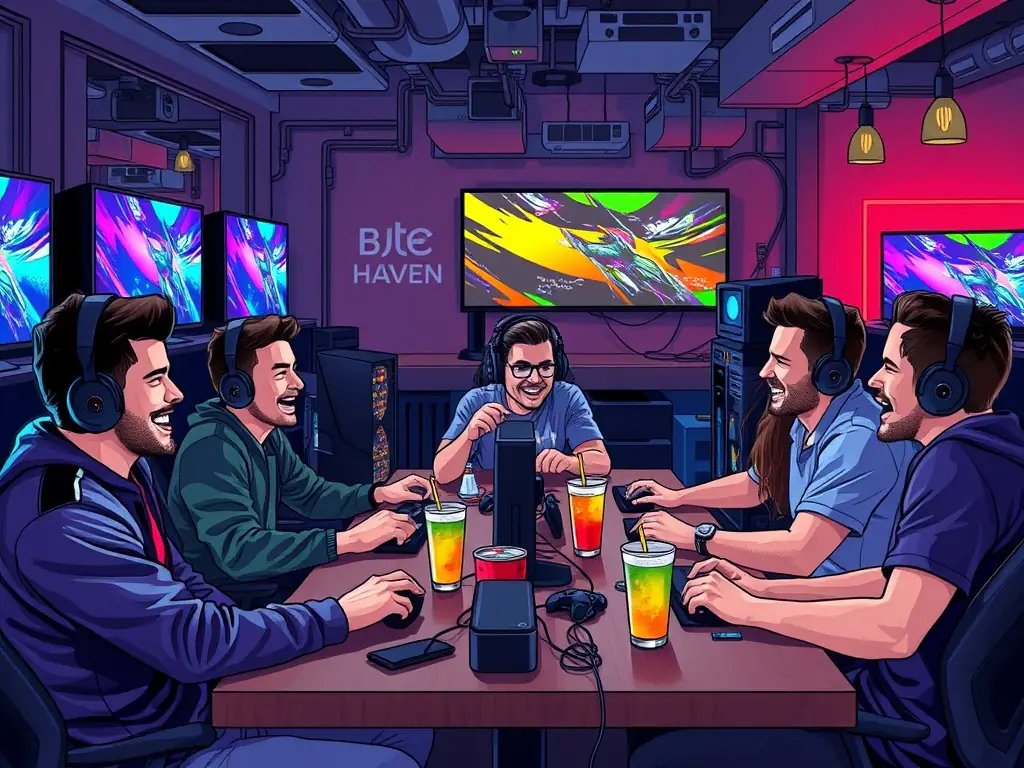 Group of friends enjoying a gaming session at Byte Haven with high-performance setups.