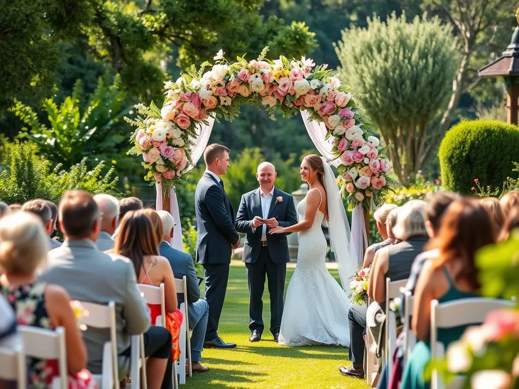 A beautiful outdoor wedding ceremony with a floral arch and a happy couple in a garden setting.
