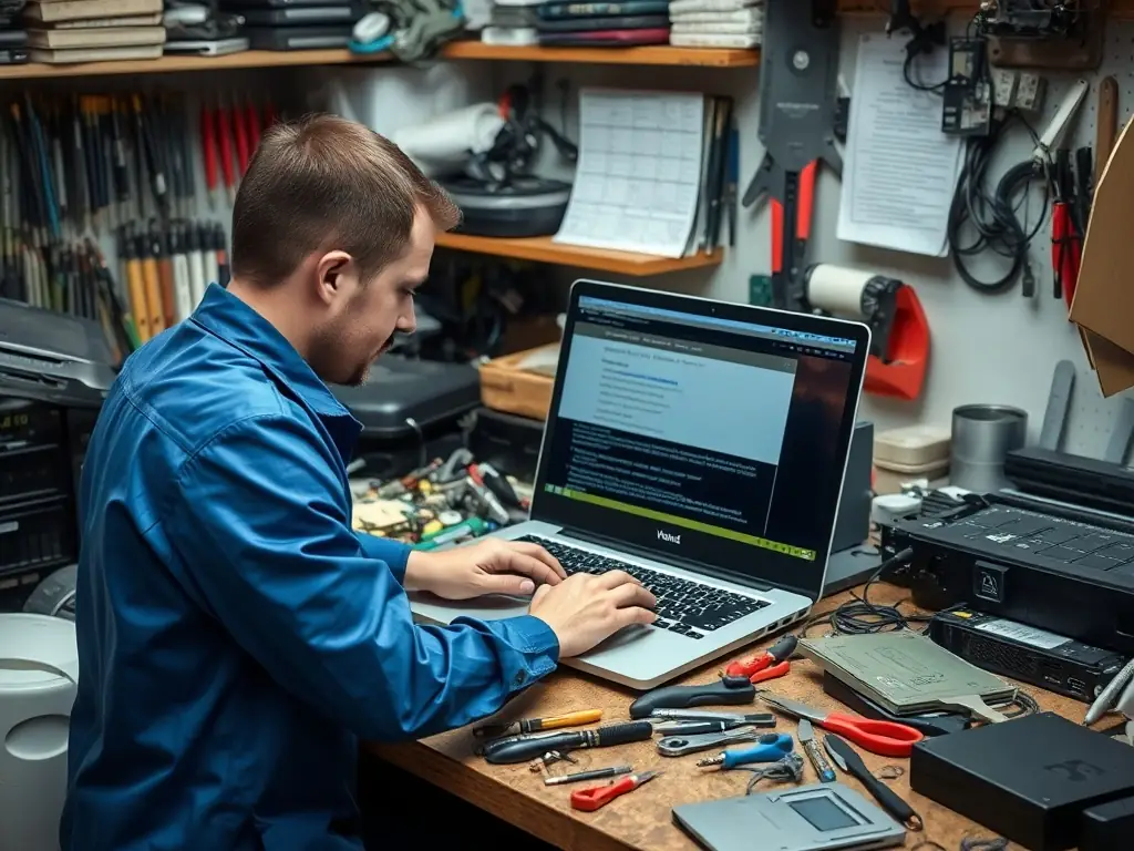 A technician diagnosing a laptop issue at TechFix Hub.