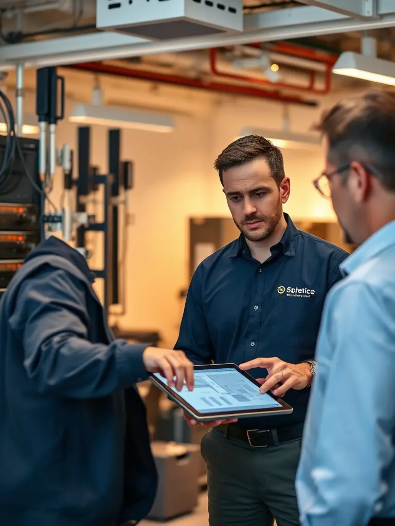 A technician consulting with a client about telecommunications solutions in a modern office.