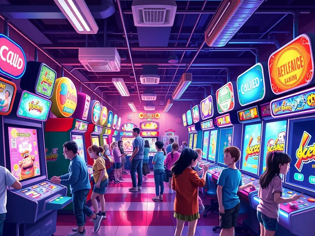 A colorful arcade filled with gaming machines and excited players.