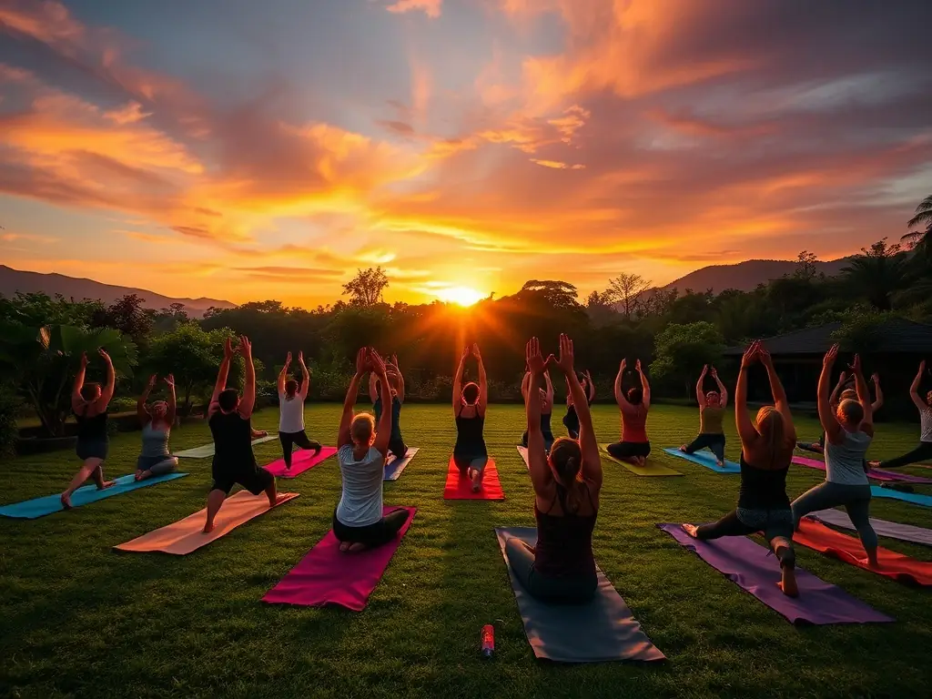Yoga class at sunrise in the monastery's garden.