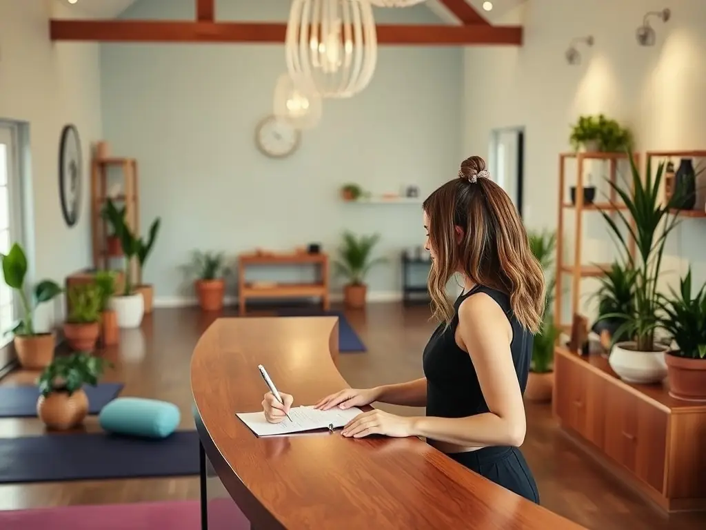 A member signing up at the reception of a peaceful yoga studio.