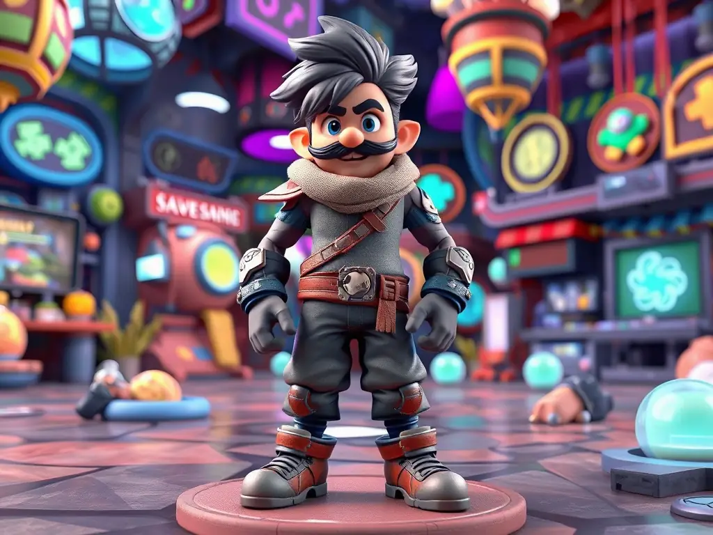 3D model of a game character in a vibrant virtual environment.