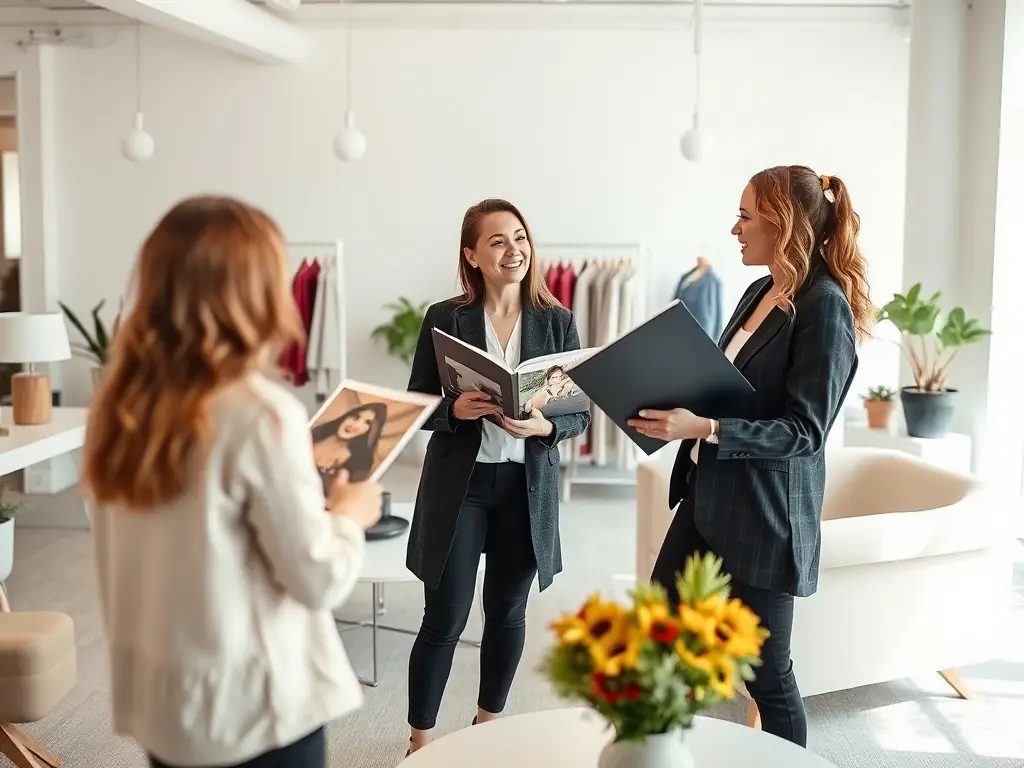 A stylist presenting their portfolio to a client in a modern office.