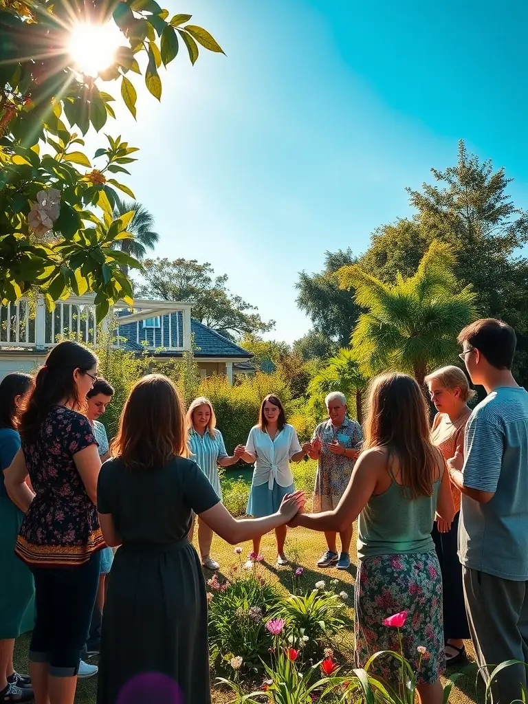 A group of people holding hands in prayer in a peaceful garden during a sunny day.