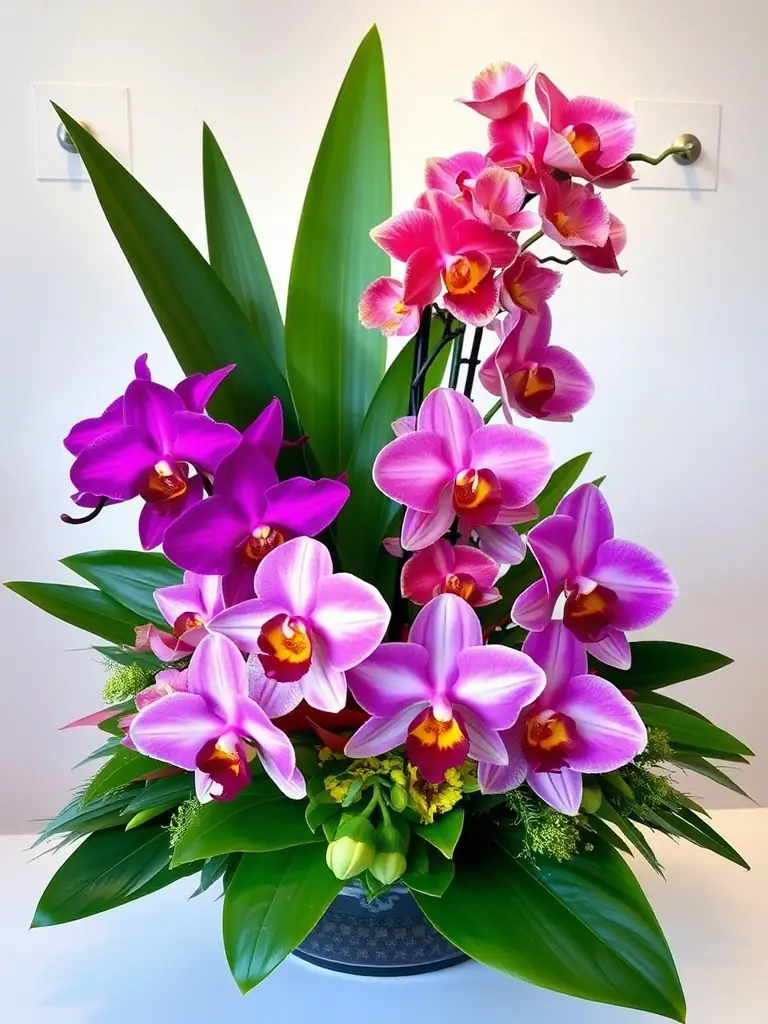 A custom floral arrangement with exotic orchids and tropical foliage.