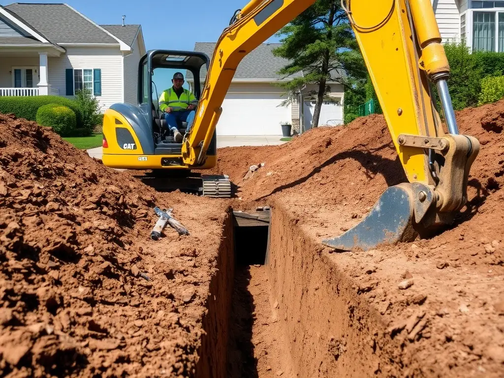 A trench being dug in a residential area by a skilled operator in a yellow excavator.