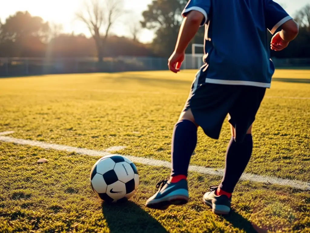 A young football player practicing dribbling skills on a sunny field.