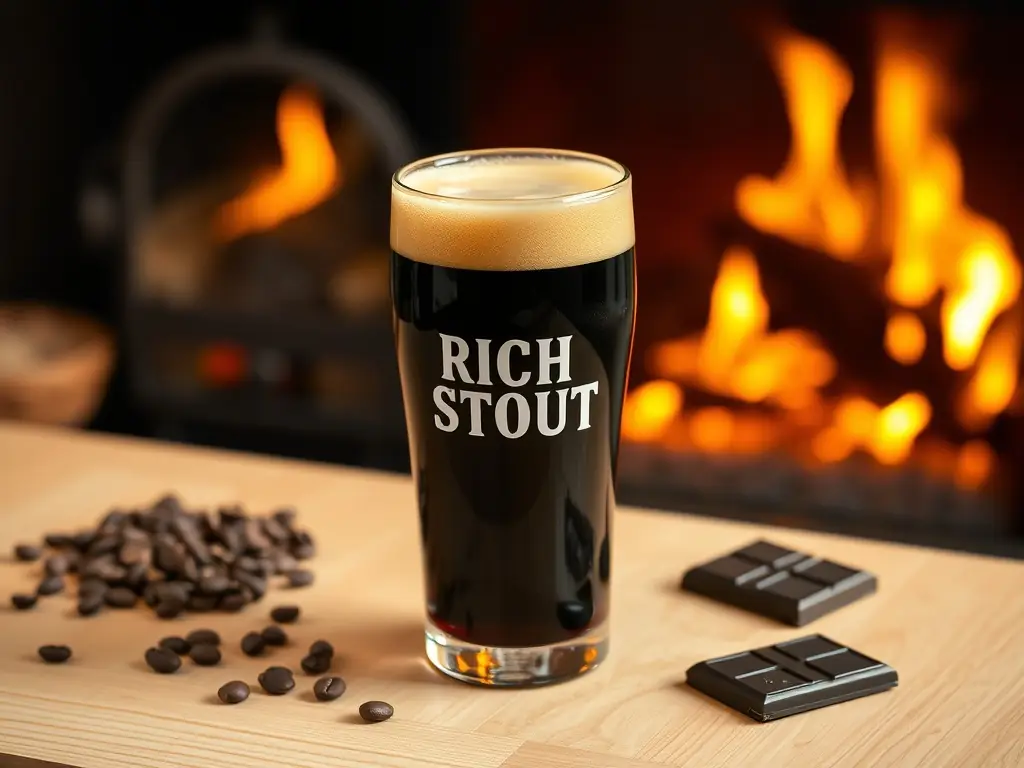 A dark glass of Rich Stout on a wooden table, surrounded by coffee beans and dark chocolate.