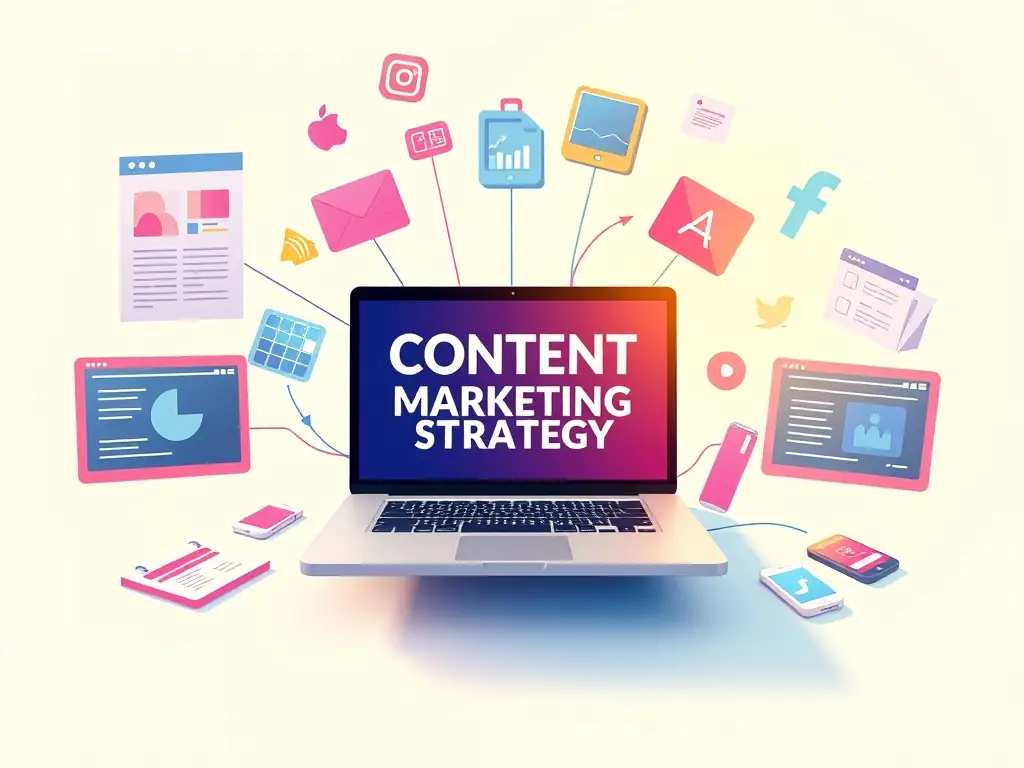 A creative depiction of a content marketing strategy with a laptop and digital elements.