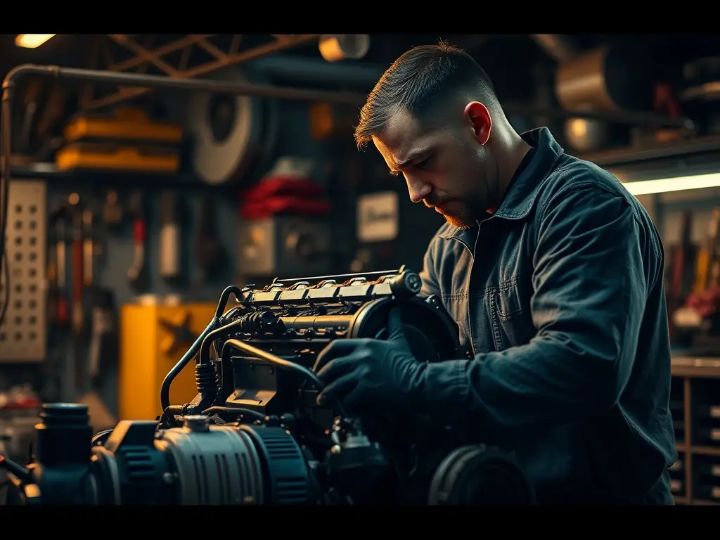 A mechanic working on an engine in a dimly lit garage.