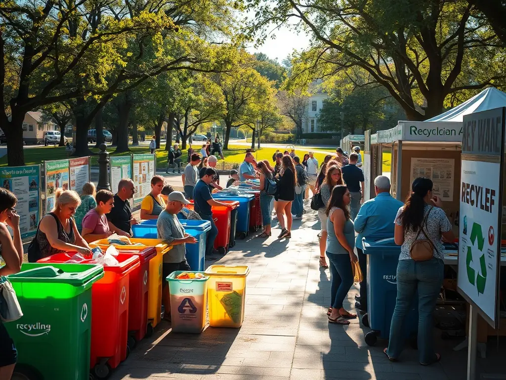 A lively community recycling drive in a park with people participating.