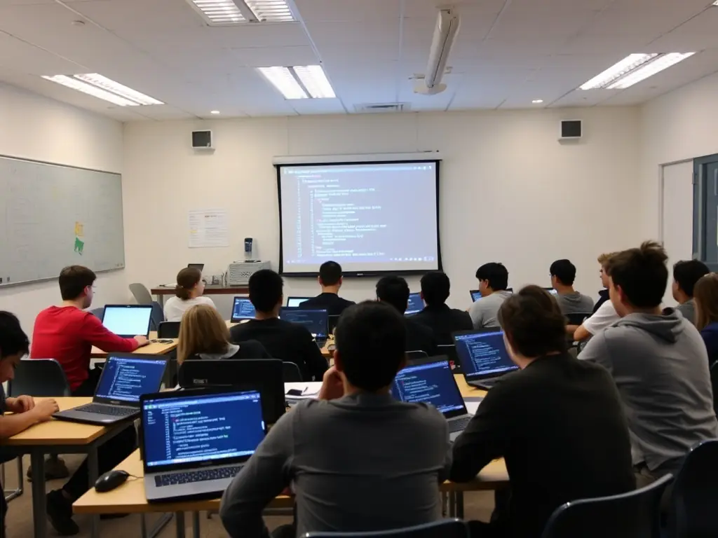 Students engaged in a coding workshop in a classroom.