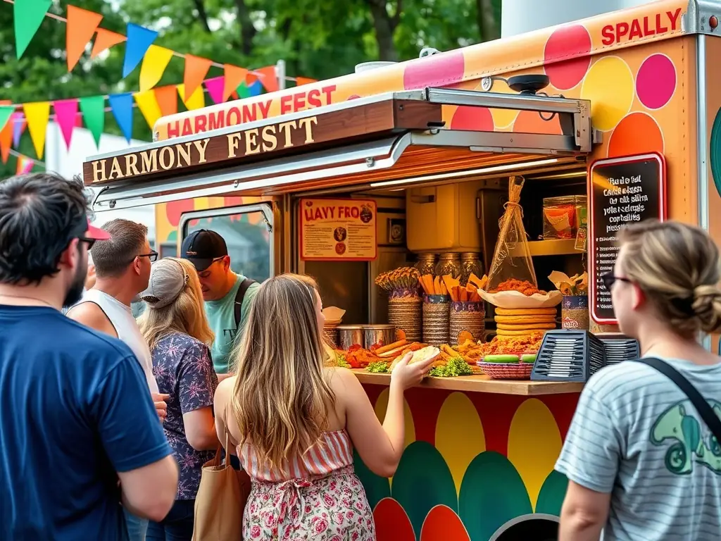 A bustling food truck serving street food at Harmony Fest.