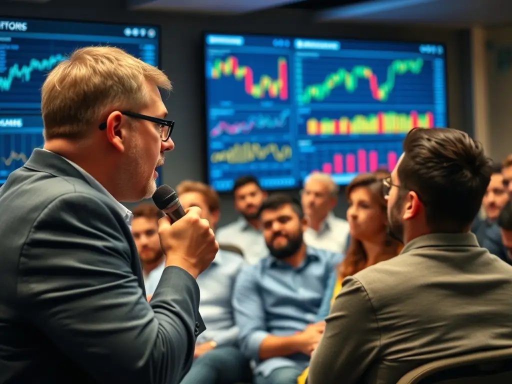 A close-up of a speaker passionately explaining cryptocurrency investment strategies to an engaged audience.