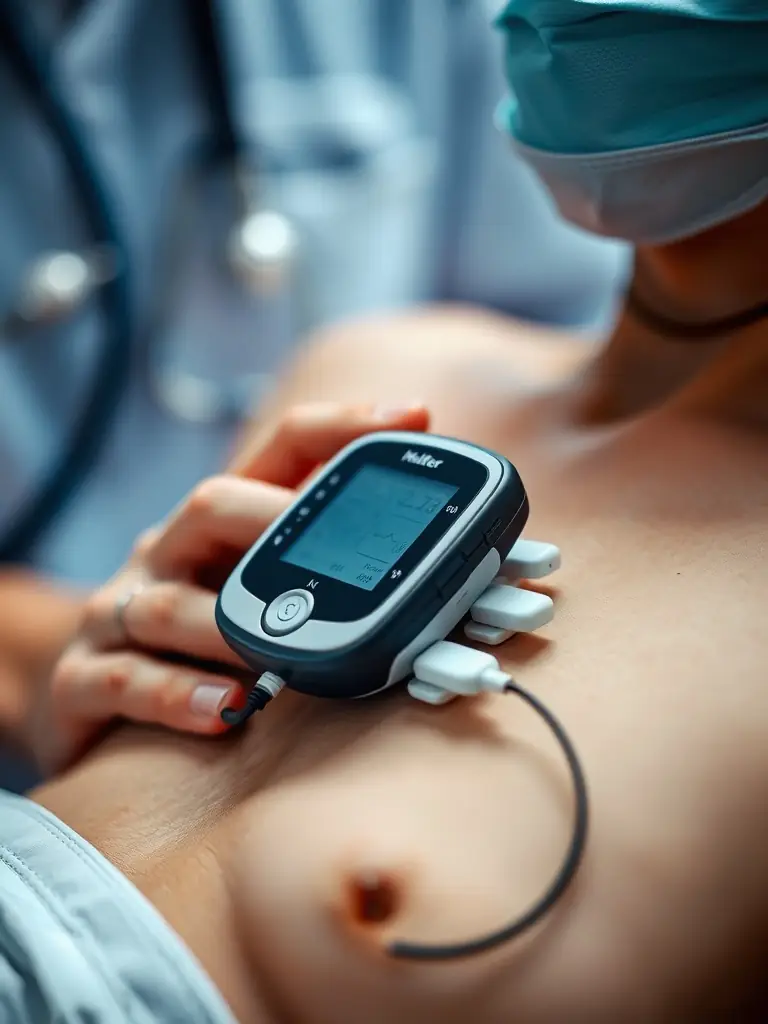 Close-up of a Holter monitor being attached to a patient.