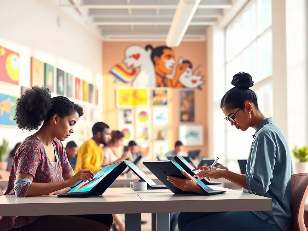 Students engaged in a graphic design class at TechSavvy Academy, working on digital art projects.