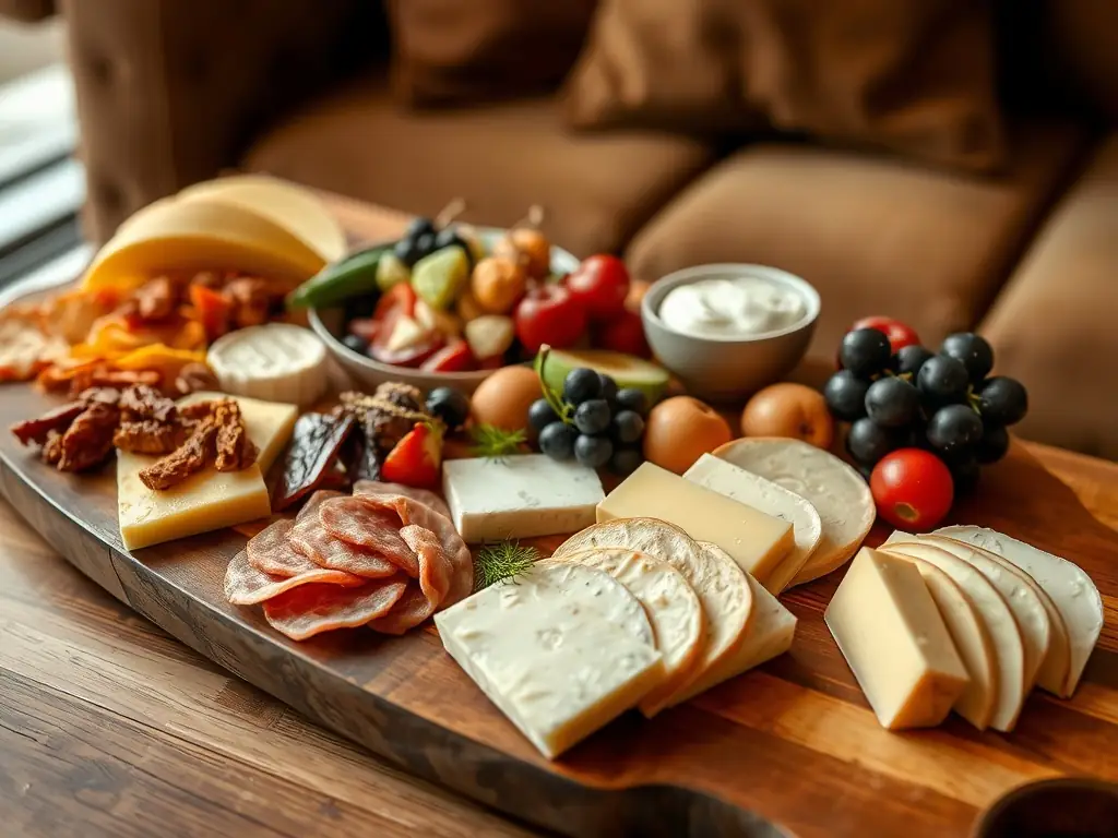 An assortment of gourmet snacks elegantly arranged on a serving board.