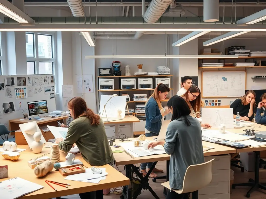 Designers working on product sketches and 3D models in a modern industrial design studio.