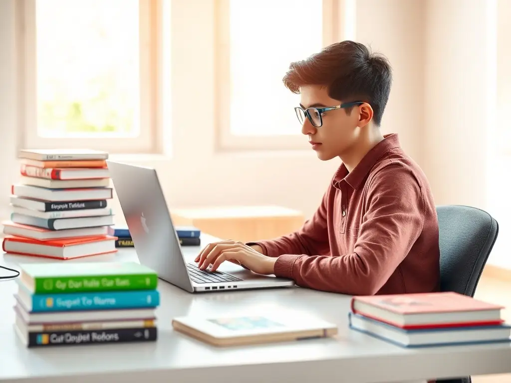 A student coding on a laptop surrounded by programming books.