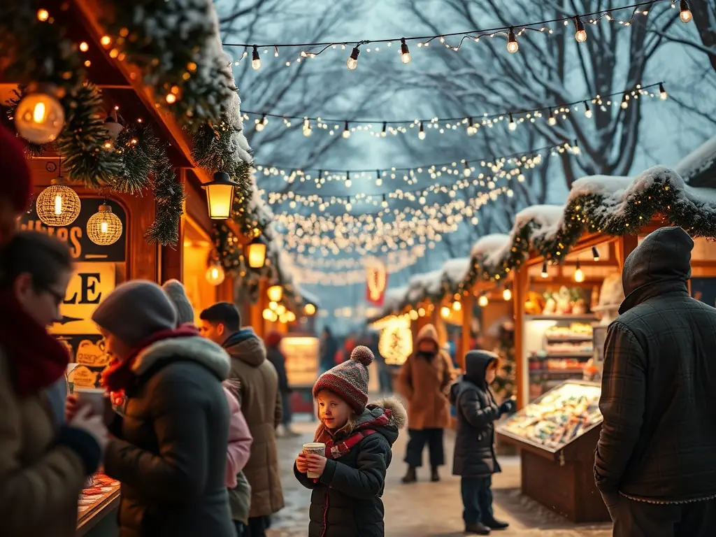 A cozy winter festival scene with twinkling lights and families enjoying activities.