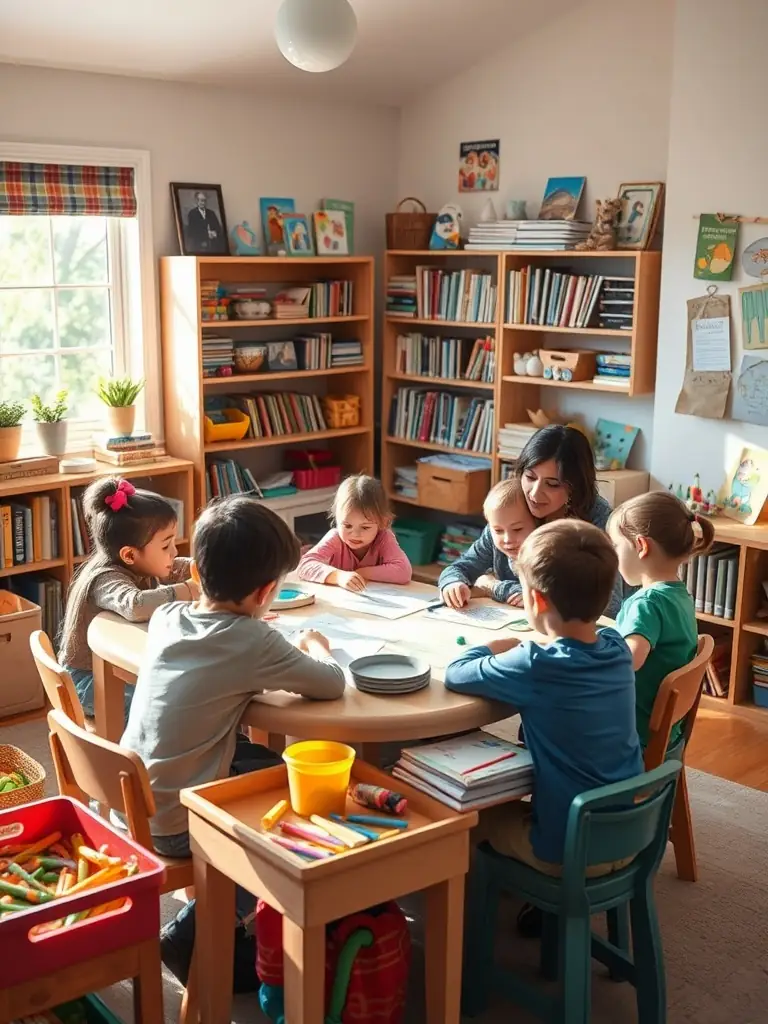 Children and a mentor engaged in a personalized lesson in a cozy learning space.