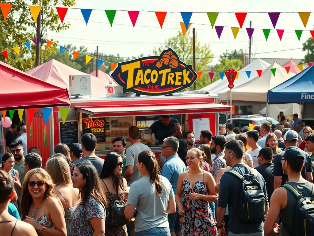 A lively food festival scene with Taco Trek's truck and a crowd enjoying tacos.