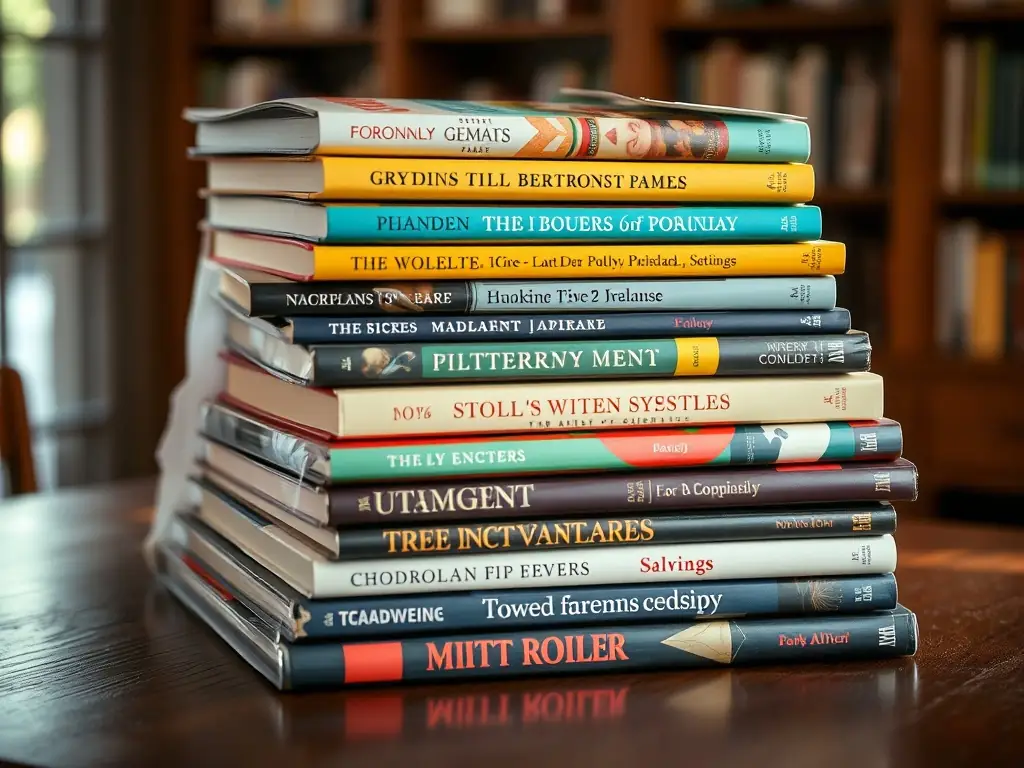 A stack of books categorized by genre with distinct cover designs.