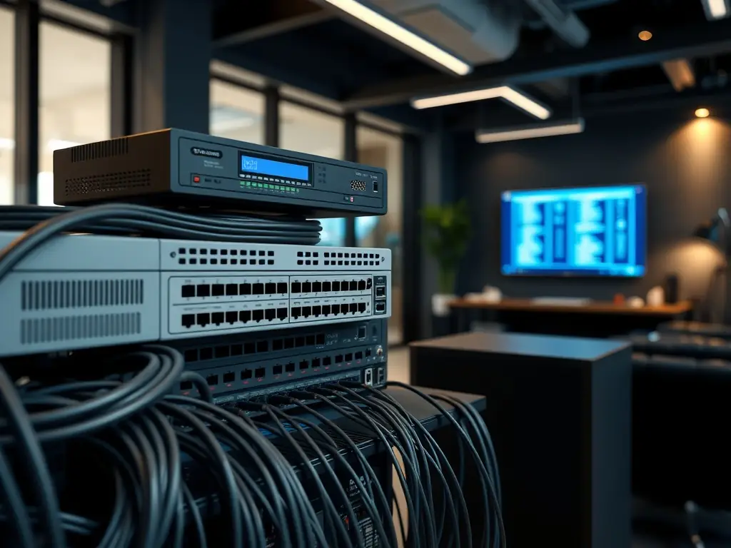 A network setup in a modern office environment, illustrating advanced technology solutions.