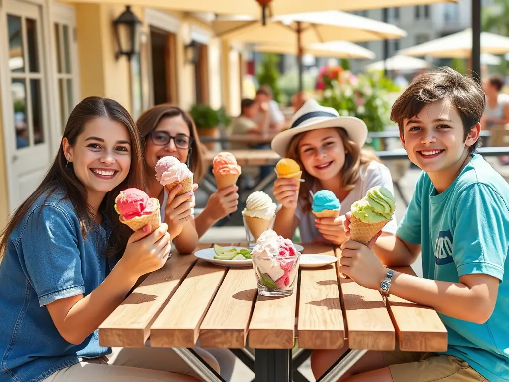 A family enjoying colorful gelato at a sunny outdoor table.