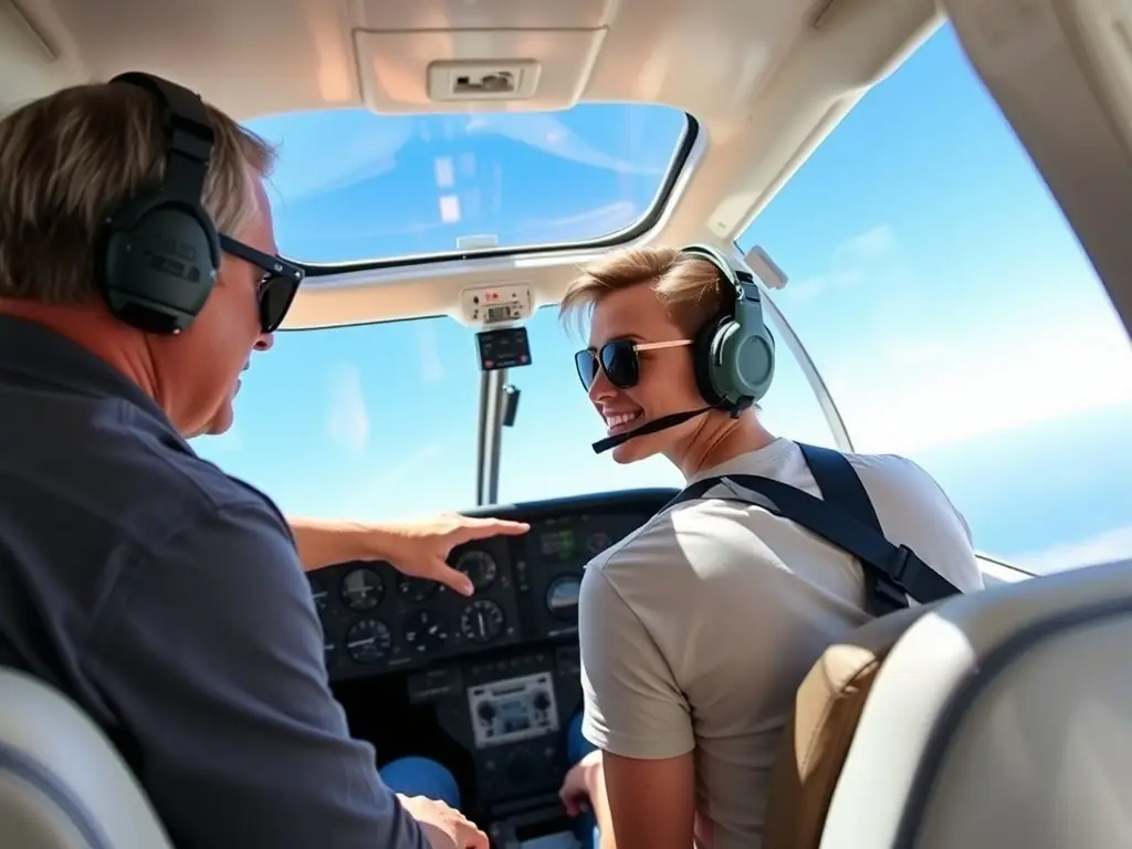 A flight instructor guiding a student pilot in a Cessna 172 cockpit.