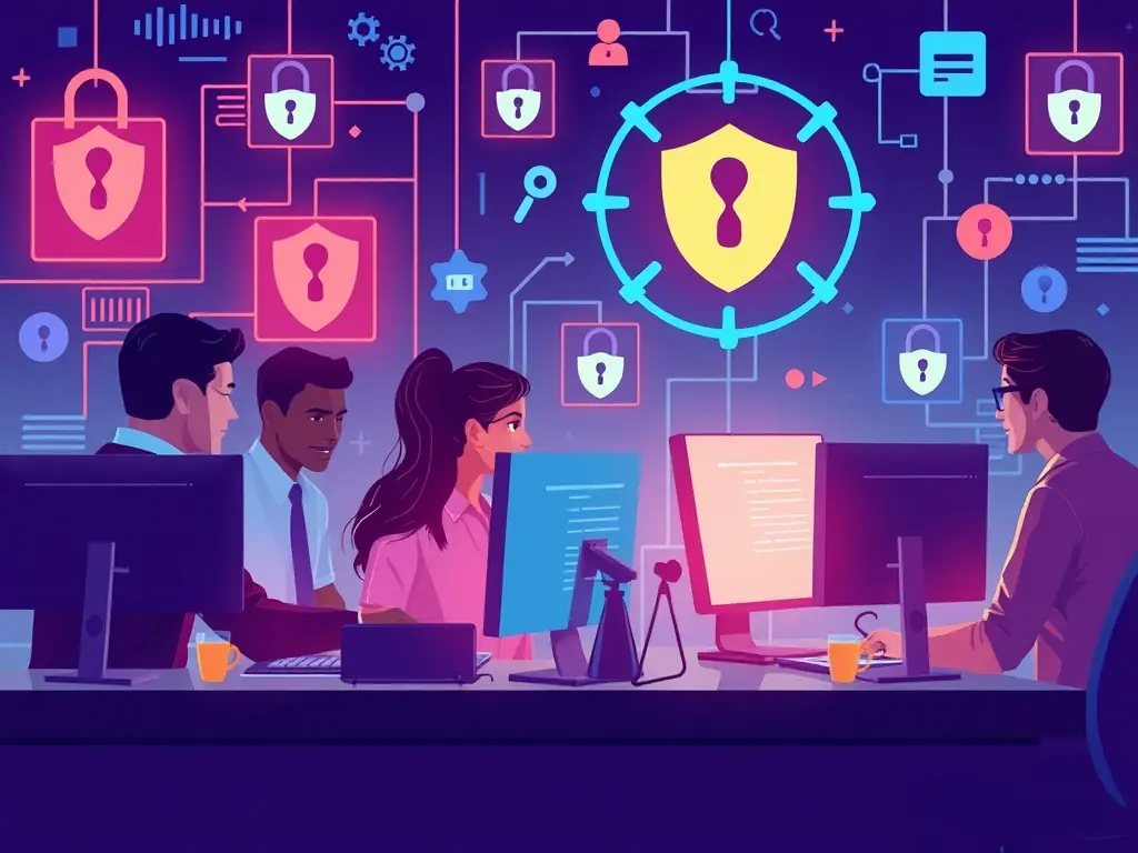 Illustration of cybersecurity measures being implemented by a team.