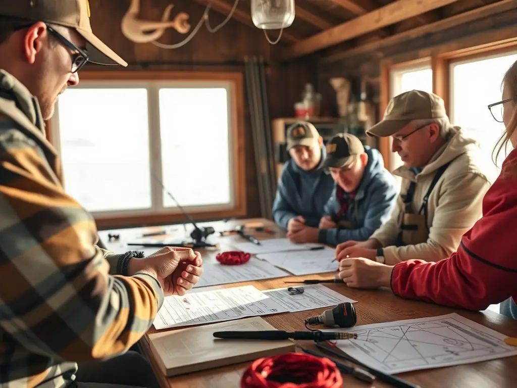 Fishing enthusiasts learning knot-tying techniques from an instructor.
