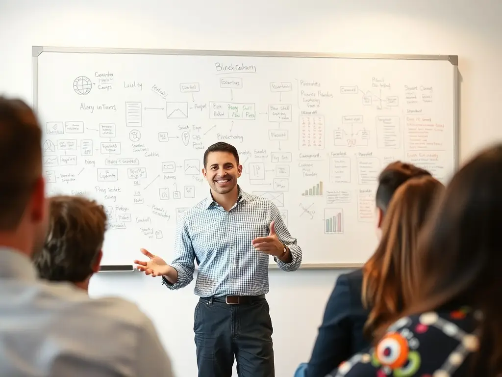 A speaker explaining blockchain technology to an engaged audience.