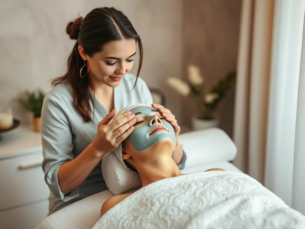 A cosmetician applying a facial mask to a client in a serene treatment room.