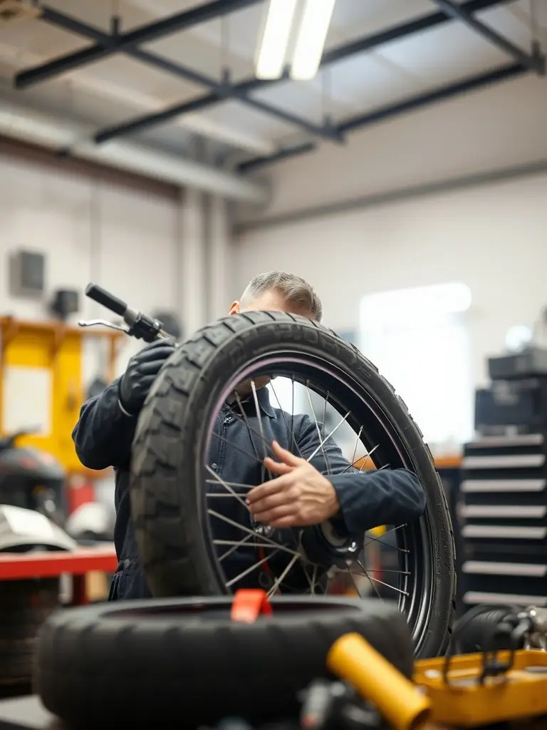 A mechanic replacing a motorcycle tire in a well-lit workshop.