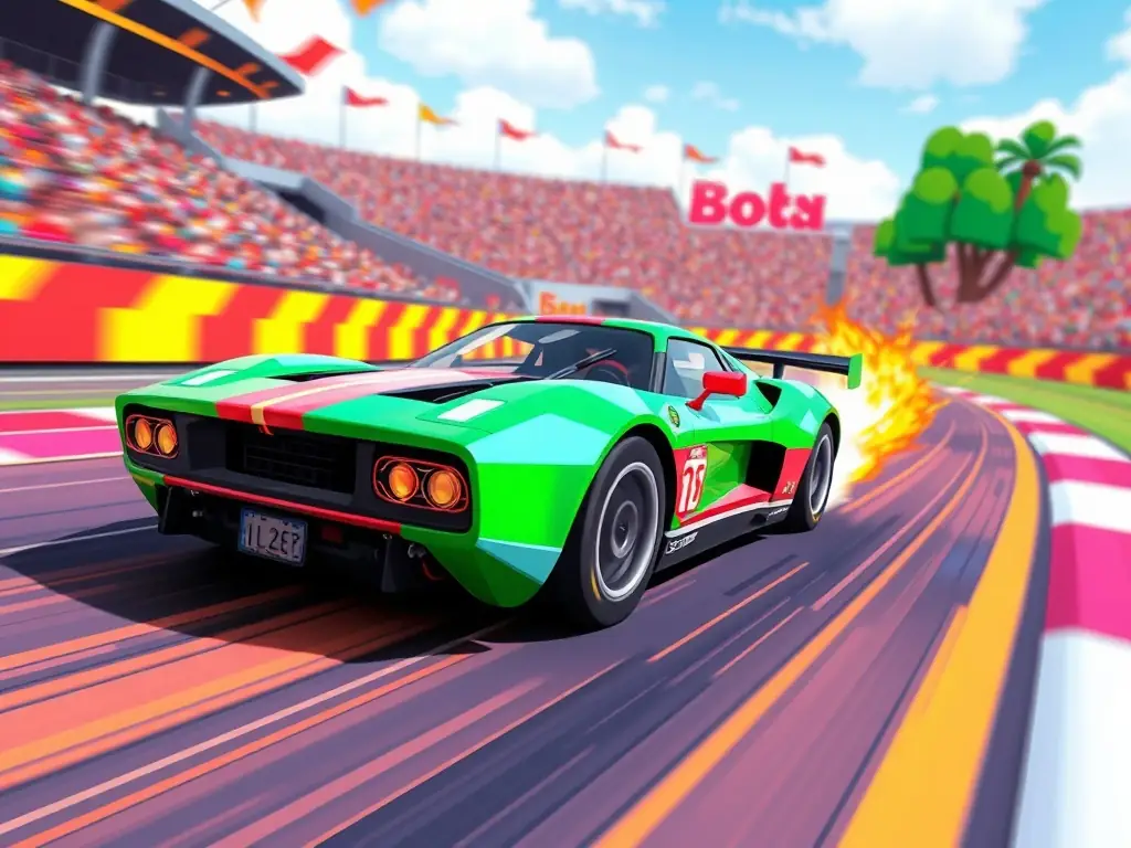 A pixelated car racing on a colorful track in an exciting digital artwork.