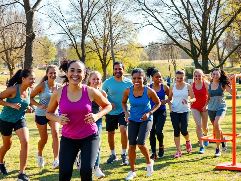 A diverse group of athletes engaged in a fun outdoor training activity in a sunny park.
