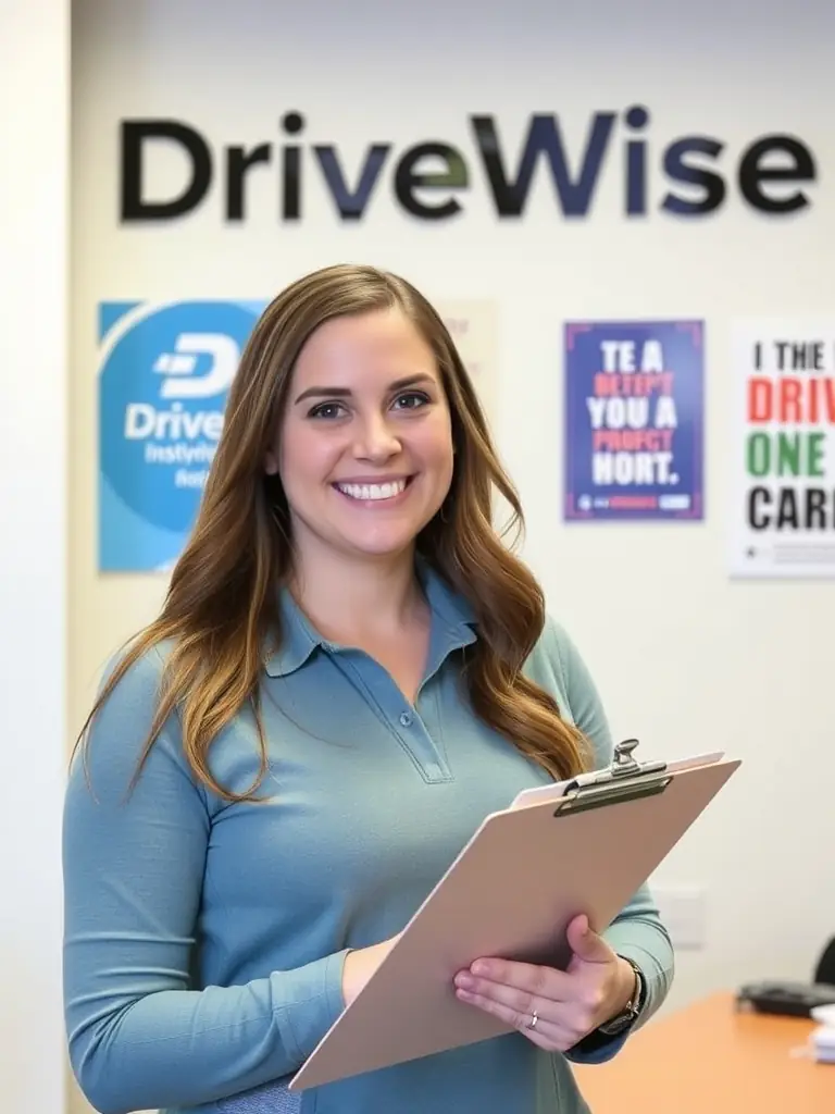 Emily Johnson, a certified driving instructor, smiling while holding a clipboard.