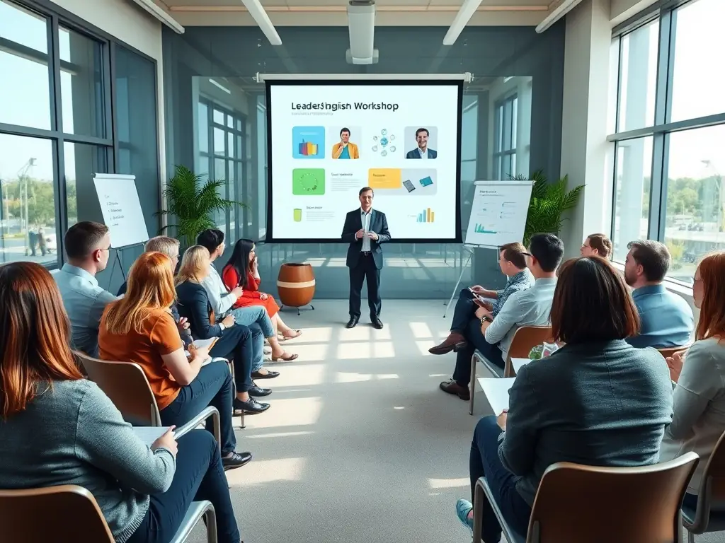 Professionals engaged in a leadership workshop with a facilitator in a modern conference room.