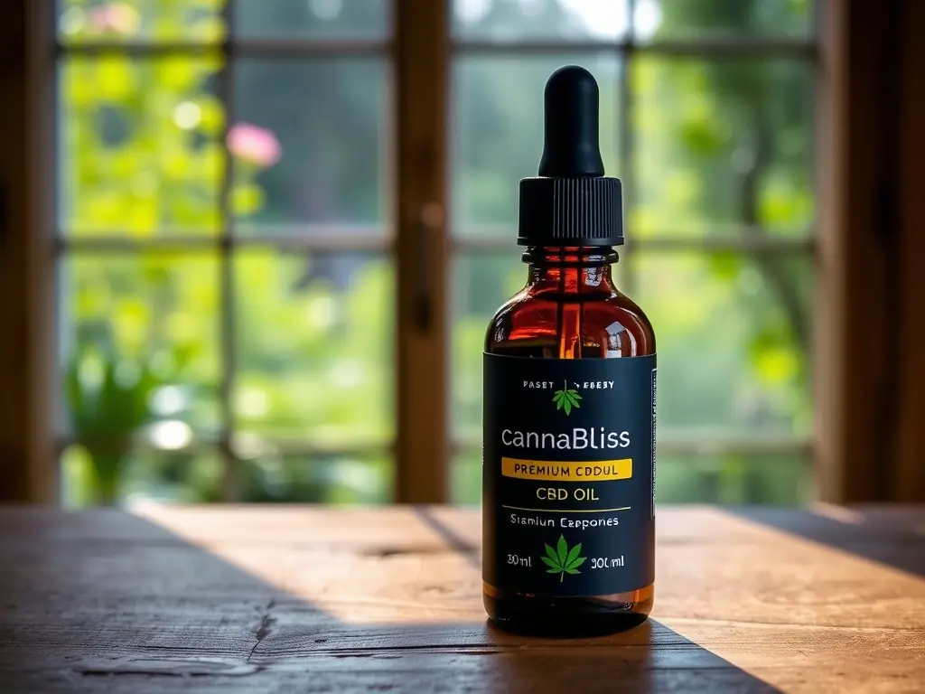 A bottle of CannaBliss Premium CBD Oil on a wooden table.