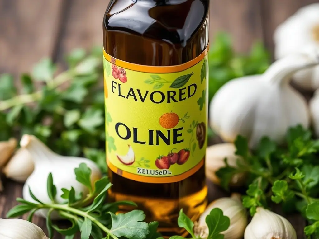 Bottle of Flavored Olive Oil surrounded by fresh herbs and garlic cloves.